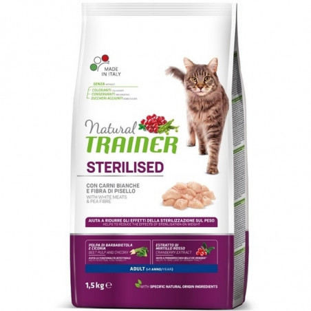 Trainer Natural Sterilised Cat Adult con Carni Bianche e Fibra di Pisello 1,5Kg