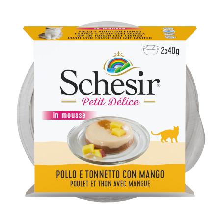 SCHESIR CAT IN MOUSSE POLLO E TONNETTO CON MANGO 2*40 GR.