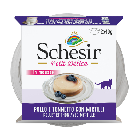 SCHESIR CAT IN MOUSSE POLLO E TONNETTO CON MIRTILLI 2*40 GR.