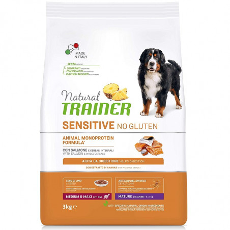 Natural Trainer Sensitive No Glutine Medium-Maxi Mature con Salmone e Cereali Integrali - 3kg