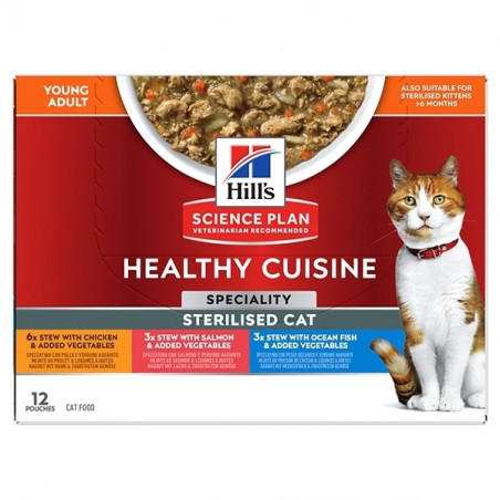 HILL'S PET NUTRITION SCIENCE PLAN HEALTHY CUISINE STERILISED CAT ADULT SPEZZATINI CON POLLO SALMONE E PESCE OCEANICO(12x80g) c