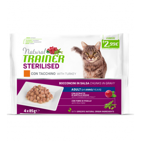 Trainer Natural Cat Flowpack Sterilised con Tacchino - 4x85gr