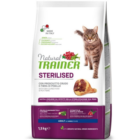 Trainer Natural Sterilised Cat Adult con Prosciutto e Fibra di Pisello - 1,5Kg